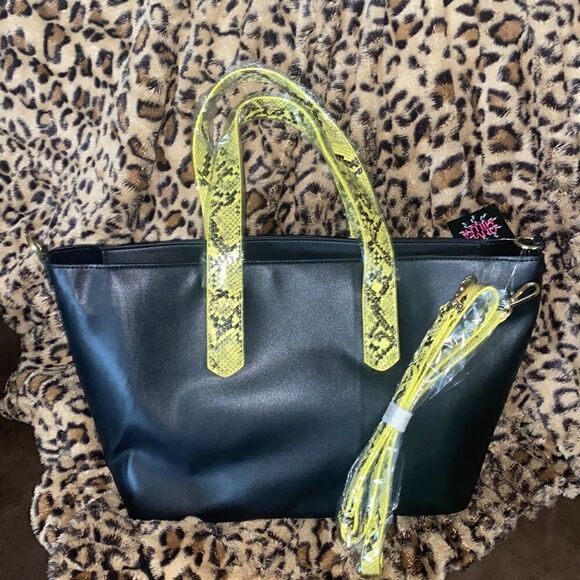 Olivia Miller Handbags - Black Faux Leather Neon Green Snakeskin Tote